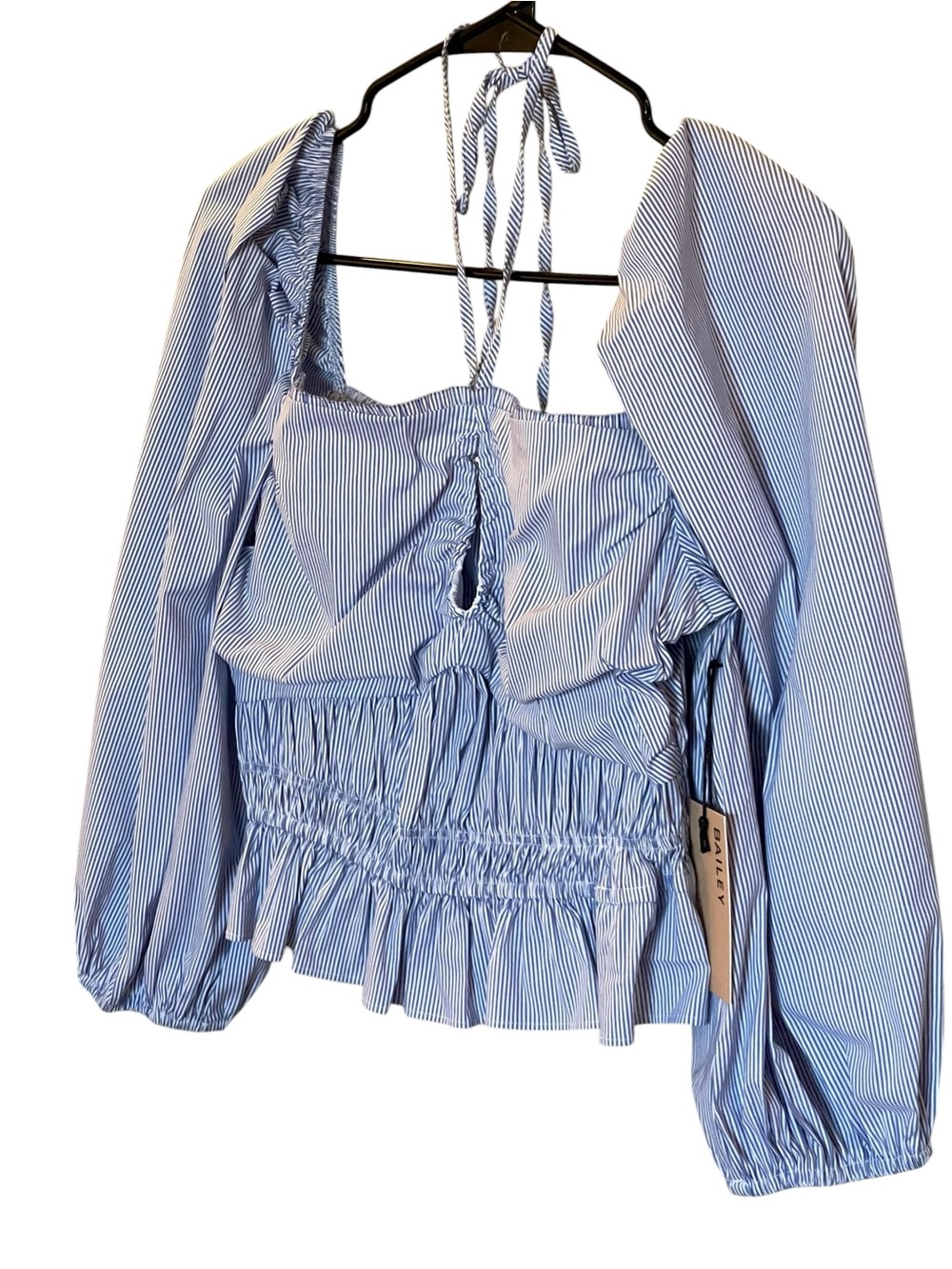 Bailey 44 "Shani" Blue/White Striped Halterneck Smocked Poplin Top Size Small